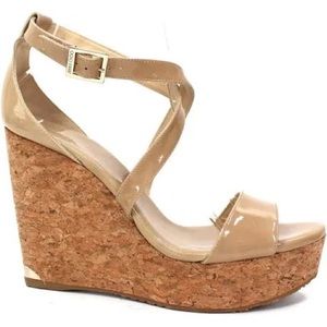 Used Jimmy Choo Nude Patent Leather Sandals Wedges EU 39.5 US Size 9